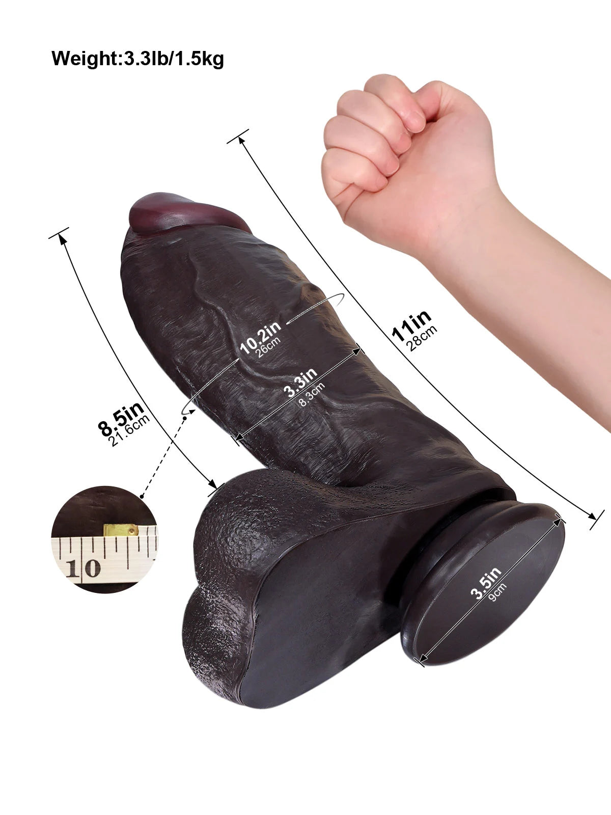 Austin - Schwarzer XXL Realistischer Dildo mit kompaktem Kopf – 28 cm