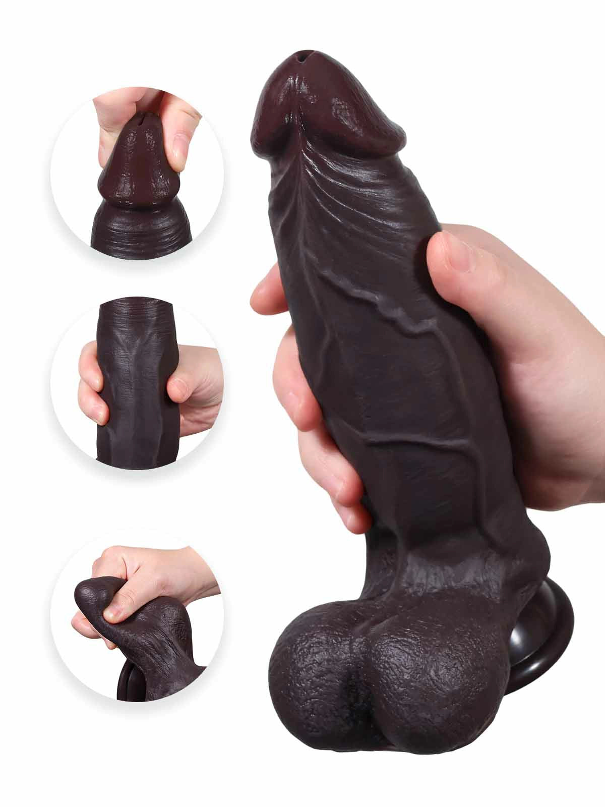 Konrad - Realistischer Dildo in Schwarz mit gleitender Haut, Breite & Hoden - 22,3 cm