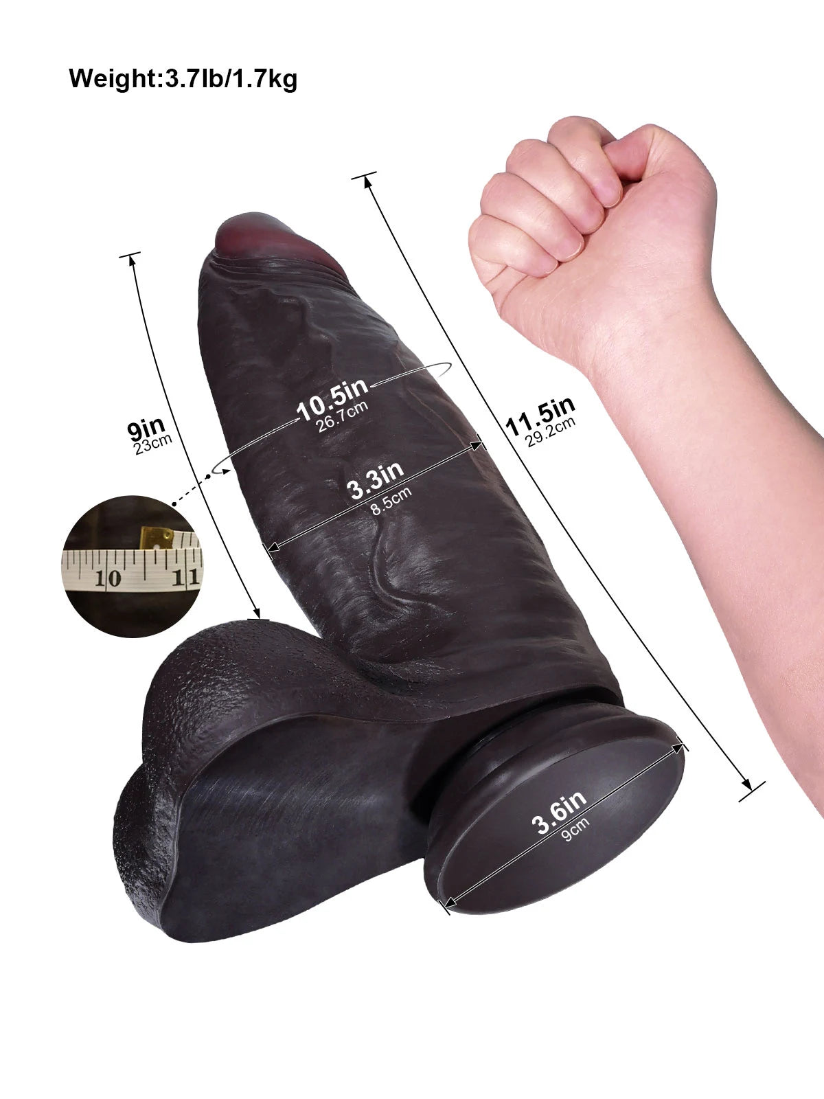 Hugo - Schwarzer Realistischer Dildo mit verjüngter Eichel und Harnröhrenleiste - 29,2 cm
